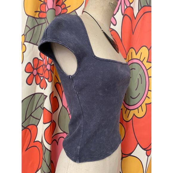 vintage y2k ribbed gray crop top low cut cap sleeve fitted cropped acid wash s - Picture 3 of 7